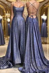 Bling Bling Backless Long Semi Formal Prom Dresses, Open Back Blue Long Formal Evening Dresses